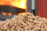 Куча гранул лежит перед горящей печью на гранулах Куча гранул лежит перед горящей печью на гранулах