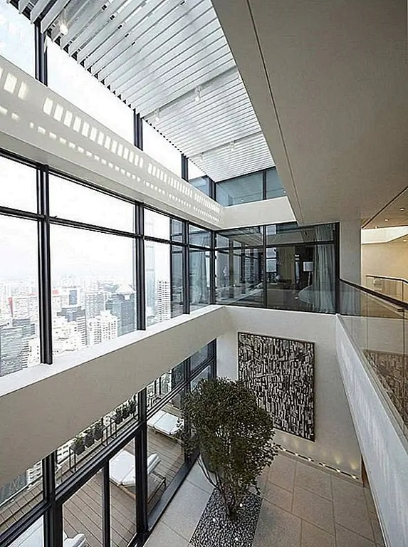 Пентхаус подвергся большому количеству масштабных архитектурных изменений, прежде чем он выглядел так. Теперь в нем есть небольшая часть открытой террасы, которая была заключена в стеклянный павильон прямо в центре. Это можно назвать ядром квартиры. Весь пентхаус очень яркий и наполнен естественным солнечным светом. Несколько стен были удалены из оригинальной компоновки. Это позволило увеличить кухню и превратить столовую в динамичное пространство.