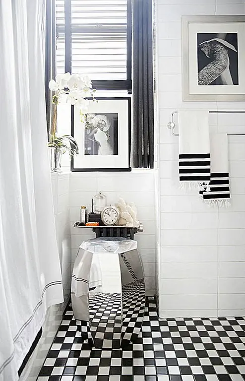 Ванная, как и ожидалось, маленькая. Тем не менее, это выглядит совершенно очаровательно. Дизайнер не верит, что ванные комнаты являются чисто утилитарными пространствами. В результате он добавил свой собственный поворот к внутреннему оформлению. Тканевый пол, тонкие черно-белые полоски, оформленные обложки и, конечно же, зеркальный акцент, предлагают комнату гламурным взглядом.