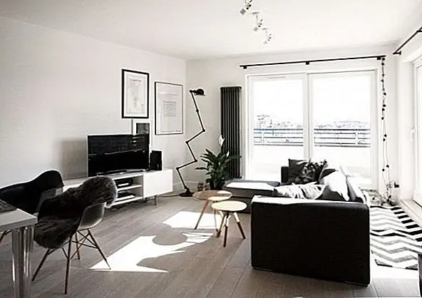 Чистые линии и повторение простых рисунков повсюду (например, зигзаг углового торшера, черно-белый шевронный коврик и металлические опоры для ног на обеденных стульях Эймс) держит пространство единым.