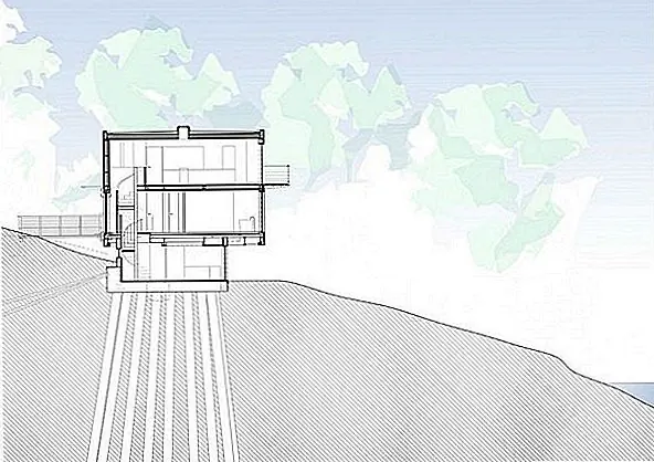 Поскольку стальные обрамленные ноги, которые хотели использовать архитекторы, оказались слишком дорогими, вместо этого они использовали компактную бетонную трубку. Таким образом была создана зона, которая содержит подсобное помещение и душевую. В верхней части этого тома была поставлена простая стальная рамная двухэтажная коробка. В коробке есть вход и спальни на первом этаже и кабинет, гостиная и кухня на верхнем уровне. Здание было спроектировано с минимальным размером земли на земле. Дом должен казаться плавающим внутри деревьев. Он похож на полированный черный ящик, и было экономично строить и забавляться дизайном. {Найден на архиепископии и фото Морли фон Стернбергом}.
