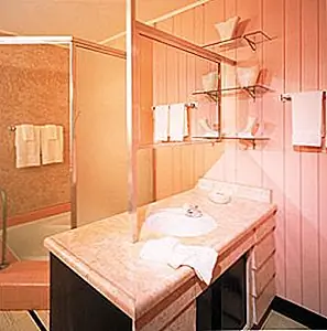 Мне нравится этот особый оттенок розового, который очень сладкий и добрый, успокаивающий чувства и приятный для глаз. Кроме того, его можно легко сочетать с белым, например, красивым маленьким белым тщеславием в вашей розовой ванной и с белым пушистым ковром, где это позволяет размер ванной.