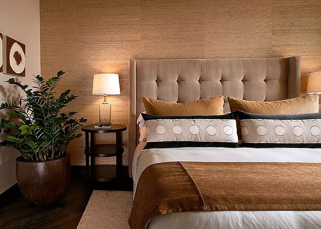 Более легкая загара изголовья на более глубокую загарную стену удерживает элементы отдельно друг от друга, сохраняя при этом общую цветовую схему. Изображение: Ownby Design