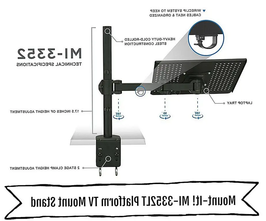 Хотя это не совсем крепление для телевизора, этот универсальный офисный стояк для ПК включает большой вентилируемый лоток, чтобы устройство не перегревалось. Совместимость с различными ноутбуками, вплоть до 17-дюймового портативного компьютера. Размер платформы составляет 14 "x 11,8" d, а нижняя губа надежно удерживает ноутбук на месте. Крепление включает в себя сборку с полным движением, с рычагом, который можно легко регулировать вверх и вниз вдоль вертикального полюса 17,7 дюйма (над поверхностью стола). Двойные складывающиеся рычаги включают в себя три сустава, которые позволяют лотку поворачиваться / сочленять вправо или влево и в сторону пользователя или от него. Лоток также можно наклонить. Крепление может вмещать 22 фунта, с встроенным двойным замком с принудительной защелкой C, обеспечивающим стабильность монтажа.