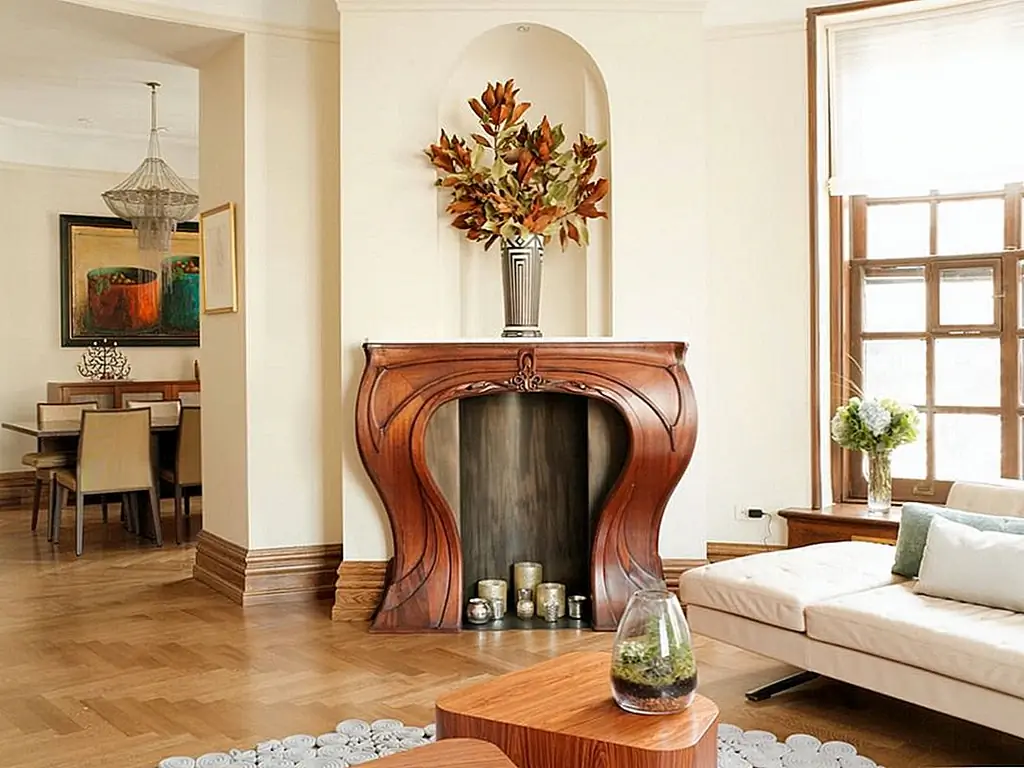 Необычный прием на каминной полке, этот изогнутый дизайн - идеальная рамка для фанк-импровизированного «камина» свечей. Изображение: Caroline Beaupere