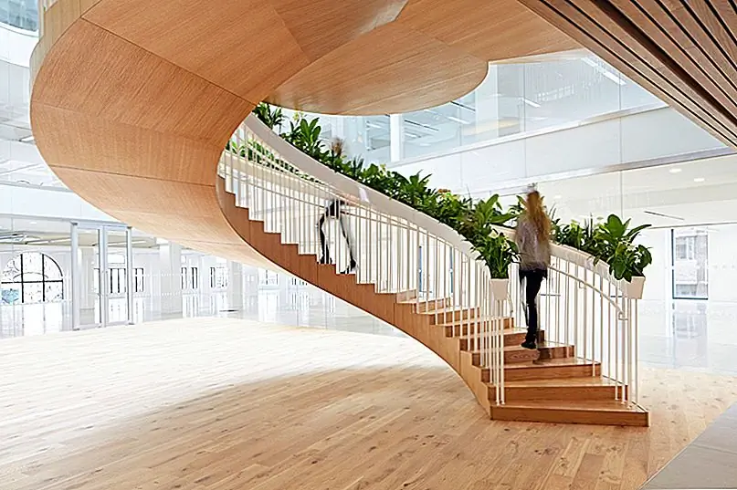 Поскольку в ядре нет несущей стойки, каждый уровень лестницы функционирует как платформа, и каждый из них имеет другую функцию. Кроме того, эта лестница более широкая, чем стандартная, и это позволяет каждой платформе функционировать как социальное пространство с множеством функций, таких как случайные встречи или обеденные перерывы.