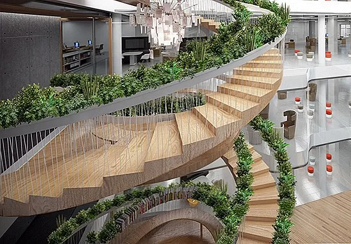 Дизайн также дополняет офис и добавляет что-то новое и оригинальное, а также лестницу можно использовать различными способами, позволяя персоналу сделать это самостоятельно, высаживая съедобные травы, растения с низким содержанием фруктов или используя различные платформы в новые и изобретательные способы.