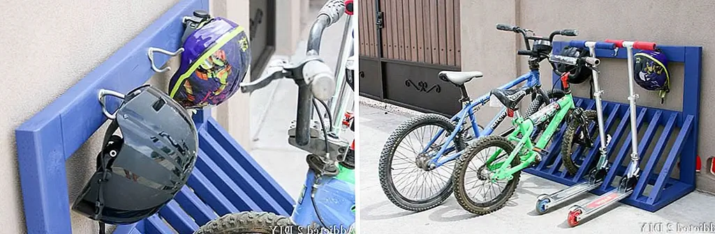 В идеале у вас должно быть достаточно места для ваших велосипедов, независимо от того, храните ли вы их в помещении или на улице. Предположим теперь, что есть место для них снаружи. Вы можете построить велосипедную стойку из дерева, которая также может включать в себя крючки для шлемов. Стойка может выглядеть примерно так. Мы нашли этот проект на addicted2diy, и нам нравится, насколько он прост и прямолинейный. Кроме того, нам нравится, что он может быть окрашен в любой выбор цвета или цвета и что он может быть таким же маленьким или большим, сколько необходимо.
