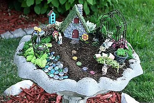 Старая птица - еще одно замечательное место для сказочного сада. Так как они подняты на пьедестал, вы можете поместить их на любую цветную кровать, и вы все равно сможете осмотреть крошечный дом и мебель. (через Curly Crafty Mom)