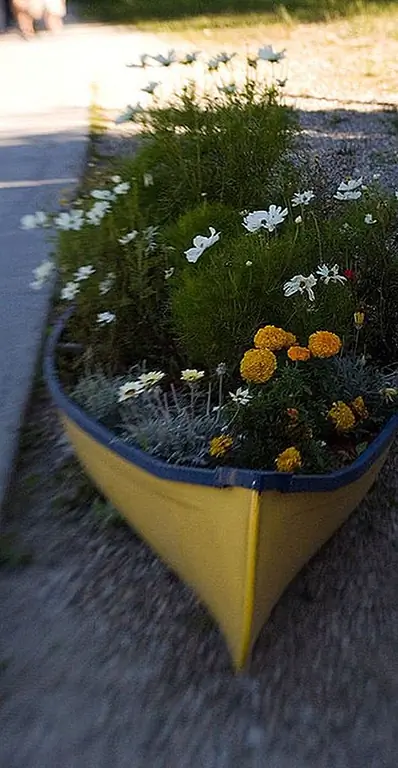 Вот еще одно каноэ, которое превратилось в плантатор. В первом из них были суккуленты и овощи, но это чисто декоративно. Расположенный рядом с дорогой, он обеспечивает прекрасную вещь, чтобы посмотреть его, гуляя в саду.