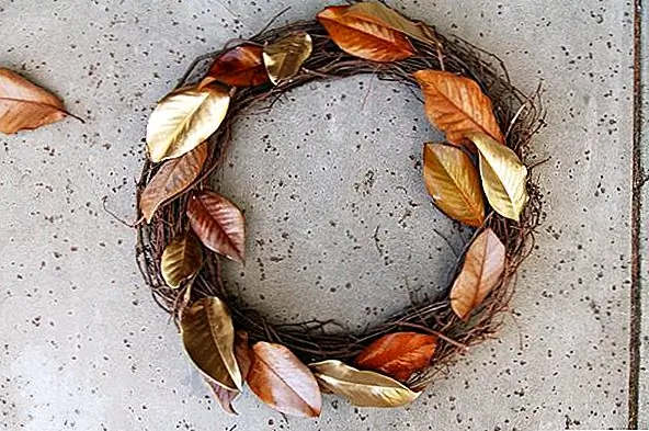 Идея состоит в том, чтобы нарисовать зеленые листья металлическим оттенком. Вы также можете попробовать серебряную и бронзовую краску, чтобы увидеть, работает ли она. В этом случае использовалась золотая краска для распыления. Как только эта часть будет сделана, все, что вам нужно сделать, это заправить натуральные коричневые листья в форму венка и смешать их с золотыми. Повесьте его на дверь, и вы сделали. {Найдено на wildinkpress}.