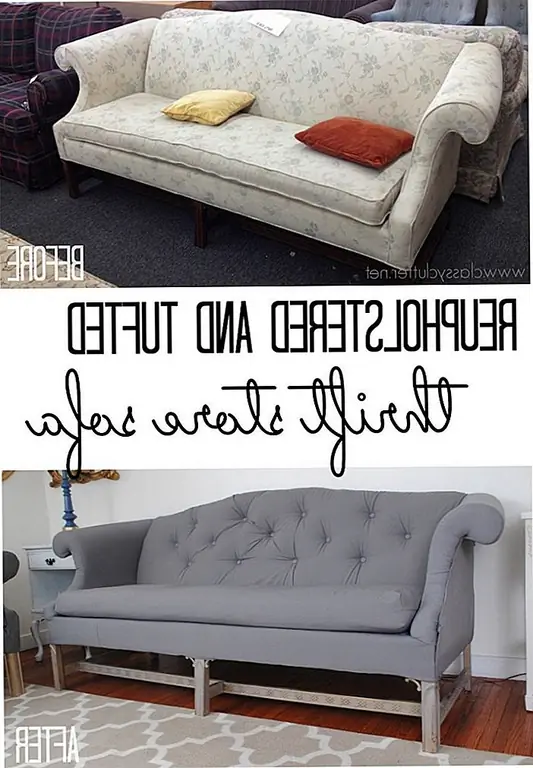 У старого дивана есть большой потенциал, особенно если у него хорошая рама. Вы должны сохранить некоторые из исходных деталей, если хотите. Очевидно, что самым большим изменением будет переделка всей части. Выньте старую ткань, скопируйте новые кусочки на раму и убедитесь, что у вас не получается уродливые складки и складки. Вы можете использовать кнопки для создания мягкой спинки. Затем добавьте подушки с акцентом и трансформация завершена. {найден на classyclutter}