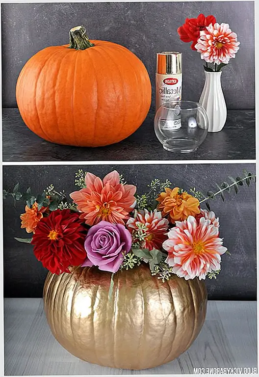 Нужна ли центральная часть стола Благодарения? Это действительно легко сделать. Вам нужна тыква, нож, ложка, металлическая краска для распыления, короткая ваза и свежие цветы. Отрежьте отверстие в верхней части тыквы, выкопайте внутренности ложкой. Затем распылите краску тыквы и поместите вазу и цветы внутрь. Более подробные инструкции можно найти на Викибароне.