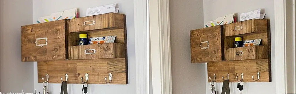 Хотите попробовать свои навыки ремесла с чем-то более сложным? Как насчет этого организатора входа, показанного на infarrantlycreative? Он имеет две полки с одной стороны, которые отлично подходят не только для сортировки почты, но и для хранения таких вещей, как кошельки, солнцезащитные очки, перчатки и все, что вам удобно. На другой стороне также имеется больший модуль и набор крючков внизу для пальто и сумок.