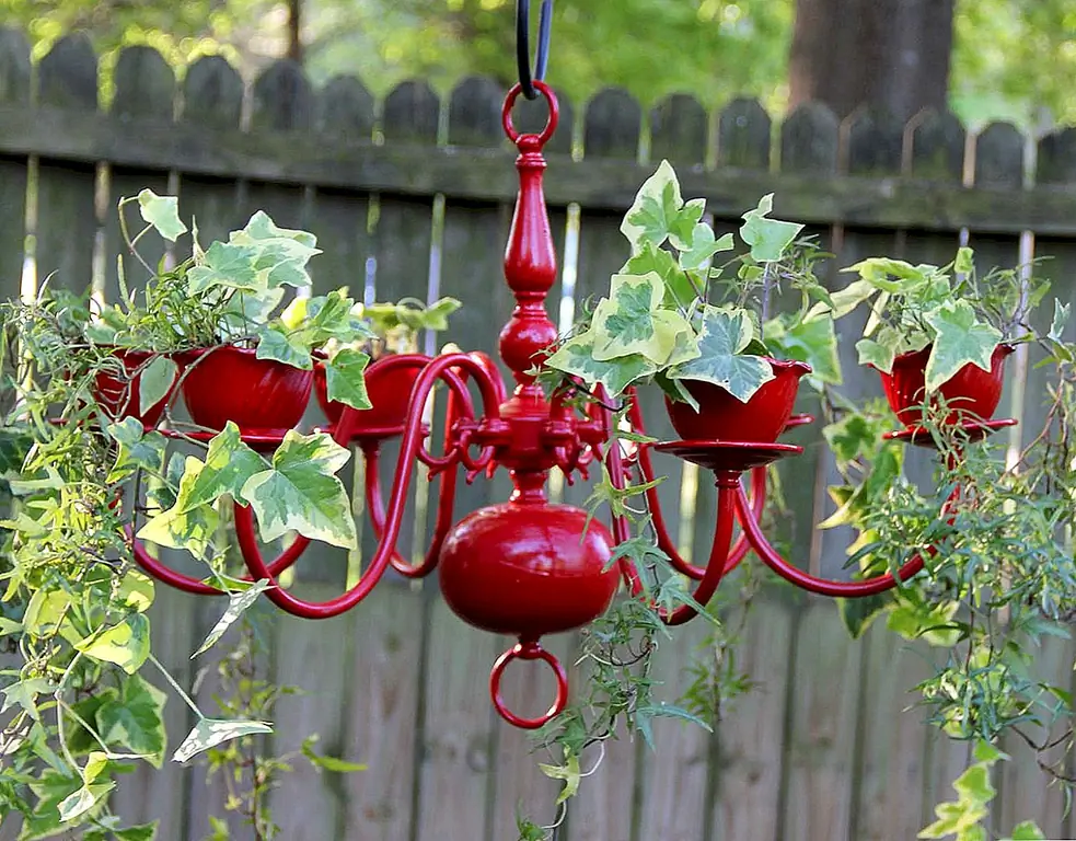 Продолжая тем же тоном, вот еще один необычный проект: превратите люстру в плантатор. Конечно, люстра не будет функционировать больше, потому что вы будете заполнять сокеты почвой. Вы также можете нарисовать люстру смелым цветом, а затем повесить ее на крыльцо. {Найдено на etsy}.