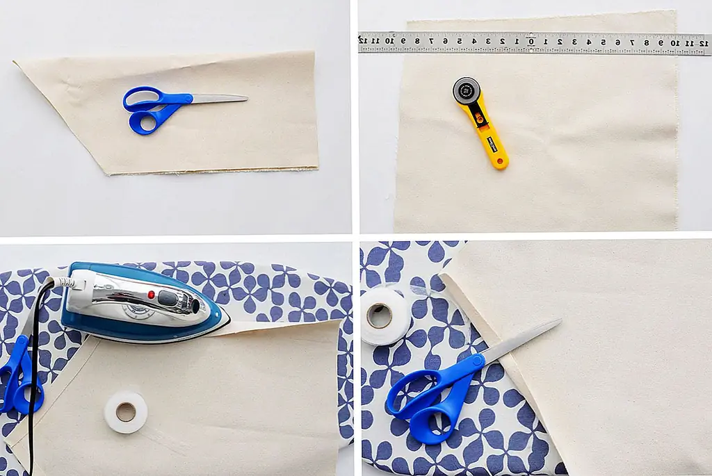 1. Измерьте и вырежьте кусок холста в большом прямоугольнике. При измерении и резке учитывайте припуск шва (приблизительно 1/2 