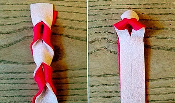 Вырежьте длинные полоски из шерстяного войлока и объедините два контрастных цвета. Затем вы можете использовать простую технику, чтобы сделать прекрасную гирлянду. Первый шаг состоит в том, чтобы разместить две разноцветные полосы войлока один поверх другого. Затем сделайте несколько прорези в пространстве по центральной линии и потяните концы через щели. {найдено на purlbee}.