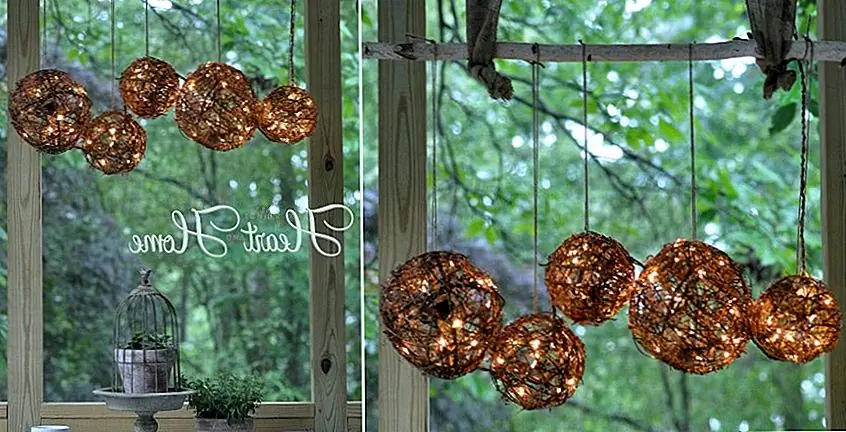 Еще один красивый дизайн предлагается на Allthingsheartandhome. Описанную здесь люстру можно изготовить с использованием больших и средних шариков из винограда, белых струнных огней, садового шпагата, ветви березы и ленты мешковины. Этот список материалов может стать источником вдохновения для проекта, который вы создадите сами.
