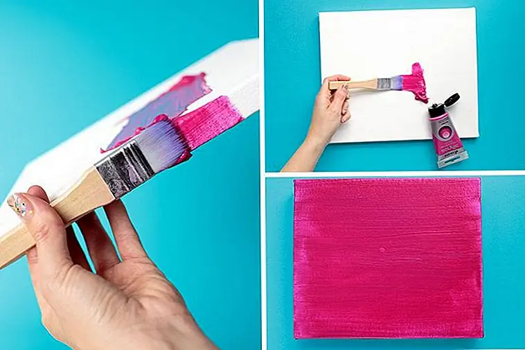 Шаг 1: Первое, что вам нужно сделать, это нарисовать пустой холст. Возьмите пробирку из основной акриловой краски и почистите ее по всей поверхности и краям холста, а затем оставьте насухо! Вы можете либо использовать блюдо, чтобы сначала нанести краску, либо просто надавить краску непосредственно на холст и нанести ее по поверхности. Вы хотите использовать довольно широкую кисть, чтобы применить базовый цвет. И вы можете выбрать из массива текущих цветов тренда от неона до пастелей, в зависимости от вашего собственного вкуса и декора.