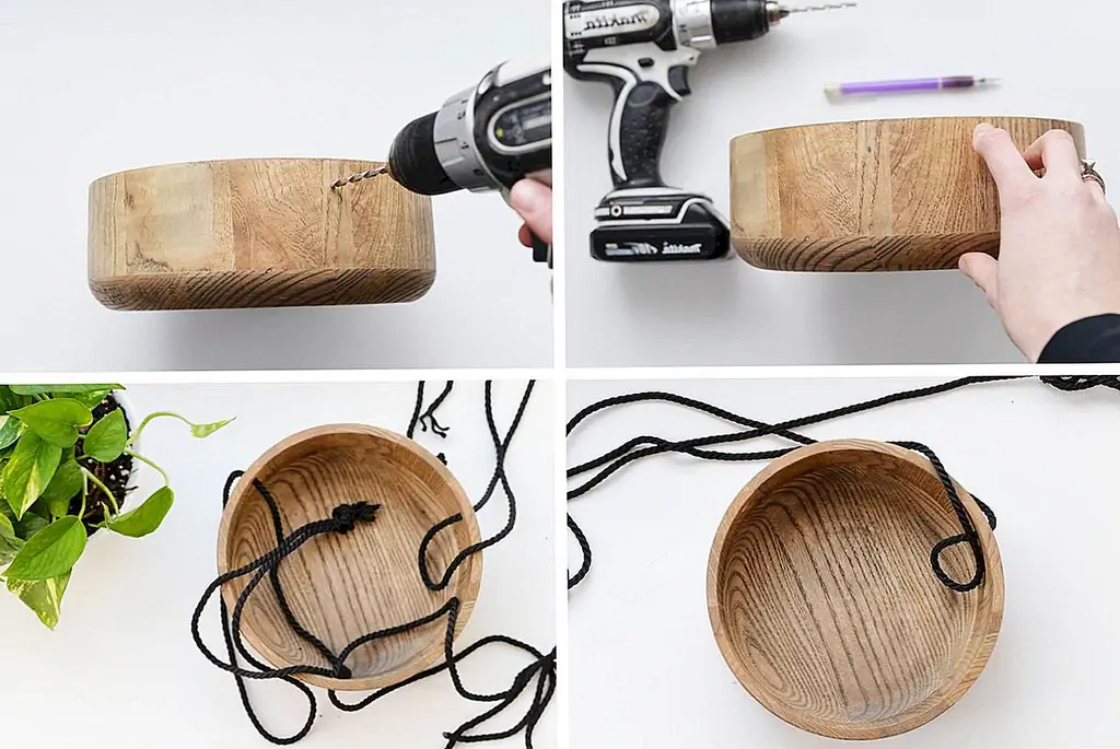 3. Измерьте и отрежьте 3 части веревки в равном размере. Вероятно, вы захотите измерить, где бы вы хотели, чтобы ваш завод зависал от вашего потолка и удвоил это измерение с длиной вашей веревки. Вверните один из канатов через каждое отверстие.