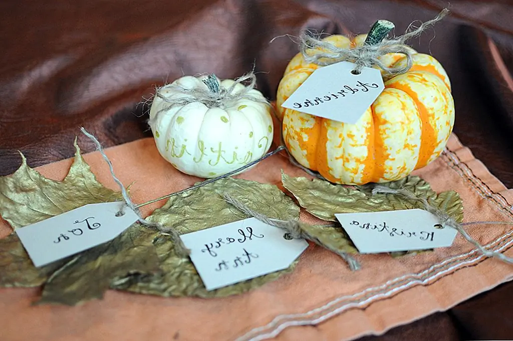 Осенние листья также могут использоваться многими другими интересными способами. Например, вы можете превратить их в карты. Вам понадобятся осенние листья со стеблями, краской для распыления, шпагатом и бумагой. Очистите, сгладьте и высушите листья, а затем нарисуйте их. Затем сделайте бумажные бирки и прикрепите их к листьям с помощью шпагата. Вы можете добавить несколько мини-тыкв, а также немного больше цветов. {Found on brit}.