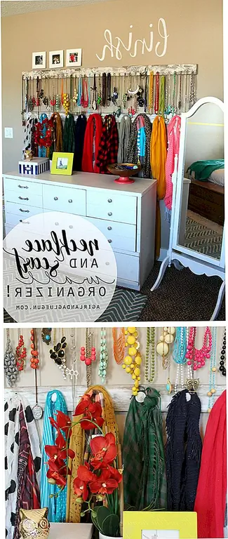 Интересная идея, которую мы нашли на agirlandagluegun, показывает нам, как сделать организатор для шарфов, используя кусок дерева и некоторые старые ручки ящика. Ручки были прикреплены к доске, а затем весь кусок был окрашен в распыление. Это стало организатором шарфа. Проект действительно прост, и любой может это сделать.