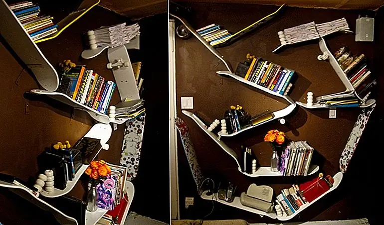 Если вы найдете интересную идею, вы можете спросить вокруг и собрать кучу старых скейтбордов, которые вы можете очистить и, возможно, покрасить. Используйте их для создания стеллажной системы с единственным в своем роде дизайном. Вы можете организовать их в случайном порядке и повеселиться, проектируя весь блок.