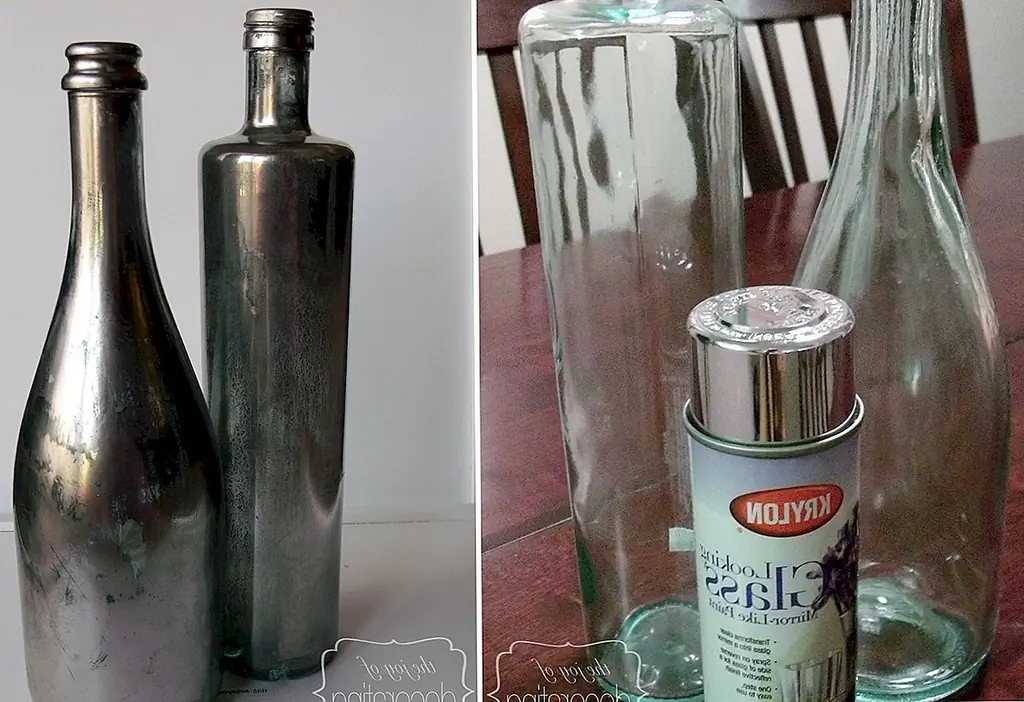 Вместо ваз вы также можете использовать стеклянные бутылки. Процесс остается тем же, и вы можете найти хороший учебник по Thejoyofdecorating. Трудная часть - распыление краски внутри бутылок, чтобы получить эффект зеркала. Для правильного взгляда вам нужно как минимум пять пальто. Когда вы закончите, распылите снаружи бутылки, но только слегка. Слегка протирайте бутылки губкой, и все готово.