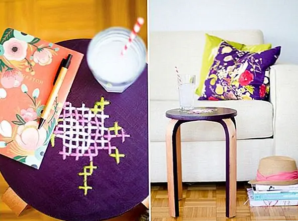 Вот еще один прекрасный макияж: табурет с красивым сшиванием на сиденье. Для аналогичного проекта вам нужен табурет, маскировочная лента, акриловая краска, лак, силовая дрель, дерево разных цветов, игла и бумага. Сначала вы должны распечатать цветочный узор. Наденьте рисунок на верхнюю часть стула, а затем нажмите на штырь или иглу через бумагу, чтобы отметить каждый угол элементов «x» на шаблоне. Затем сверлите свернутую область, где вы сделали крошечные отметки. Используйте ленту для покрытия областей, которые не будут окрашены, а затем нарисуйте края ног и верхние части. Лакируйте окрашенные области, а затем начинайте сшивать цветочным узором. {Found on thislittlestreet}.