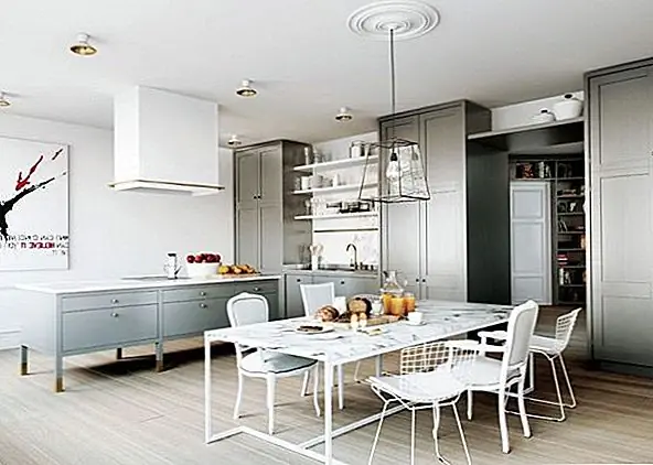 Еще один прекрасный взгляд на столовую - это добавление мраморной верхушки к современной белой прямоугольной раме стола. Мне нравится гладкая блестящая мраморная столешница в паре с несогласованными обеденными стульями и подвеской промышленного фонаря. И элегантность хорошо сочетается с золотыми окнами кухонного острова.