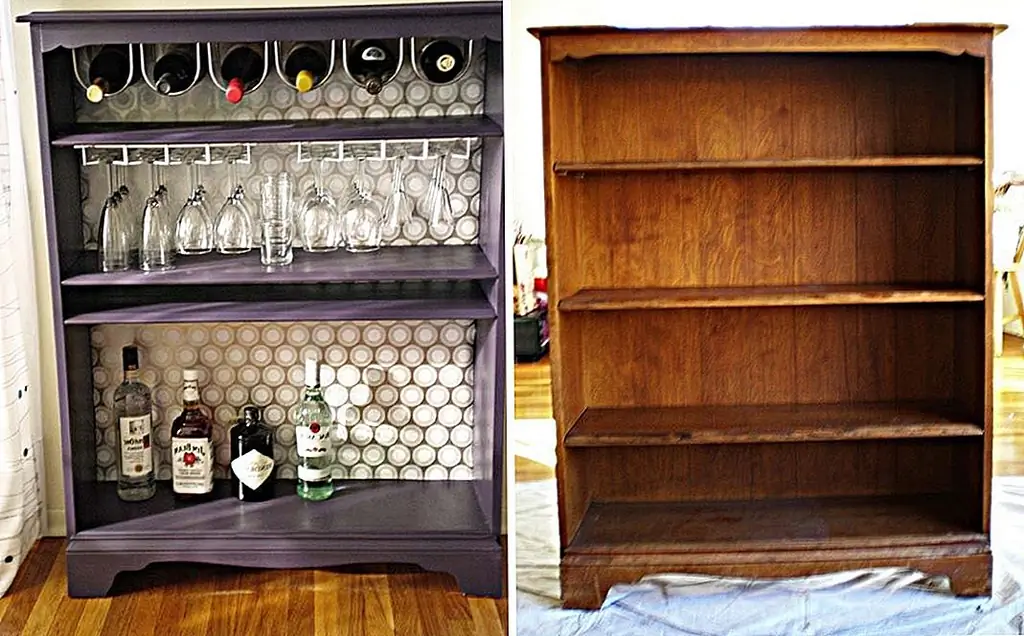 Или, может быть, вы захотите превратить свой старый книжный шкаф в бар. Вам просто нужно немного приукрасить его. Сбросьте кусок, заправьте его, нарисуйте и украсите интерьер оберточной бумагой, обоями или тем, что вы хотите использовать. Добавьте столы для хранения бутылок и шторок. {Найдена на квартирной терапии}.