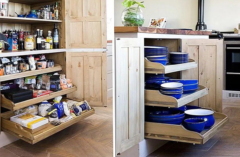 Подобные мелкие выдвижные полки так же практичны в небольших кладовых. Здесь вы можете увидеть умную комбинацию открытых полок в верхней и полках скольжения внизу.