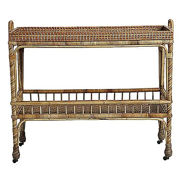 Есть две версии этой пьесы. Там находится тележка для южных морей, а также тележка с южным морем. Они имеют аналогичные конструкции и аналогичные функции. Размеры, однако, разные. Картонная тележка измеряет 40 "Ш x 15" D x 32 "H, а размеры боковой тележки - 26" Ш x 15 "D x 29" H. Оба они имеют прозрачную лаковую отделку, и оба они изготовлены из одних и тех же материалов.доступен с 295 $.