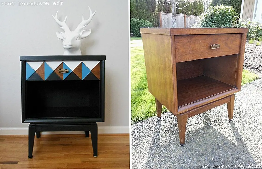 Устали от своей старой тумбы? Нет проблем. Вы можете сделать его похожим на новый с небольшим количеством красок, и вы также можете придать ему индивидуальный вид с геометрическим дизайном для верхнего ящика. В общем, вам нужны четыре разных цвета краски. Все четыре могут быть объединены в геометрический узор, и один из цветов может быть использован для рисования остальной части тумбочки. {Найден на наружной стене}.