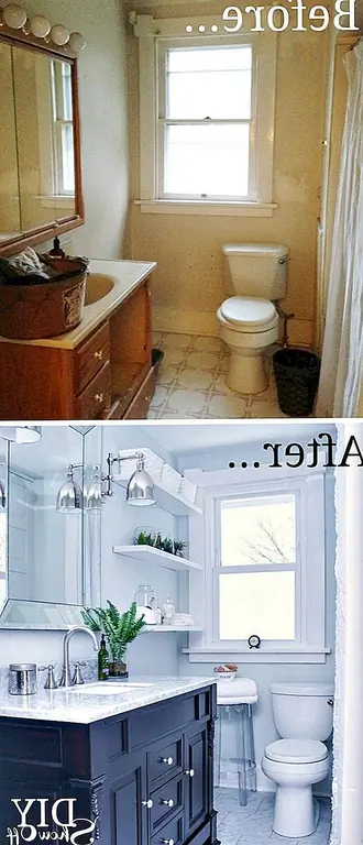 Взгляните на свою ванную комнату. Это выглядит устаревшим и скучным? Тогда пришло время для макияжа. Перекрасьте стены, положите новые плитки на пол, получите новую раковину и тщеславие и установите новые полки для большего объема хранения. Вы также должны заменить уродливое старое зеркало чем-то более простым и шикарным. Это большой проект, но вам очень нужен ваш дом. {Найден на diyshowoff}.