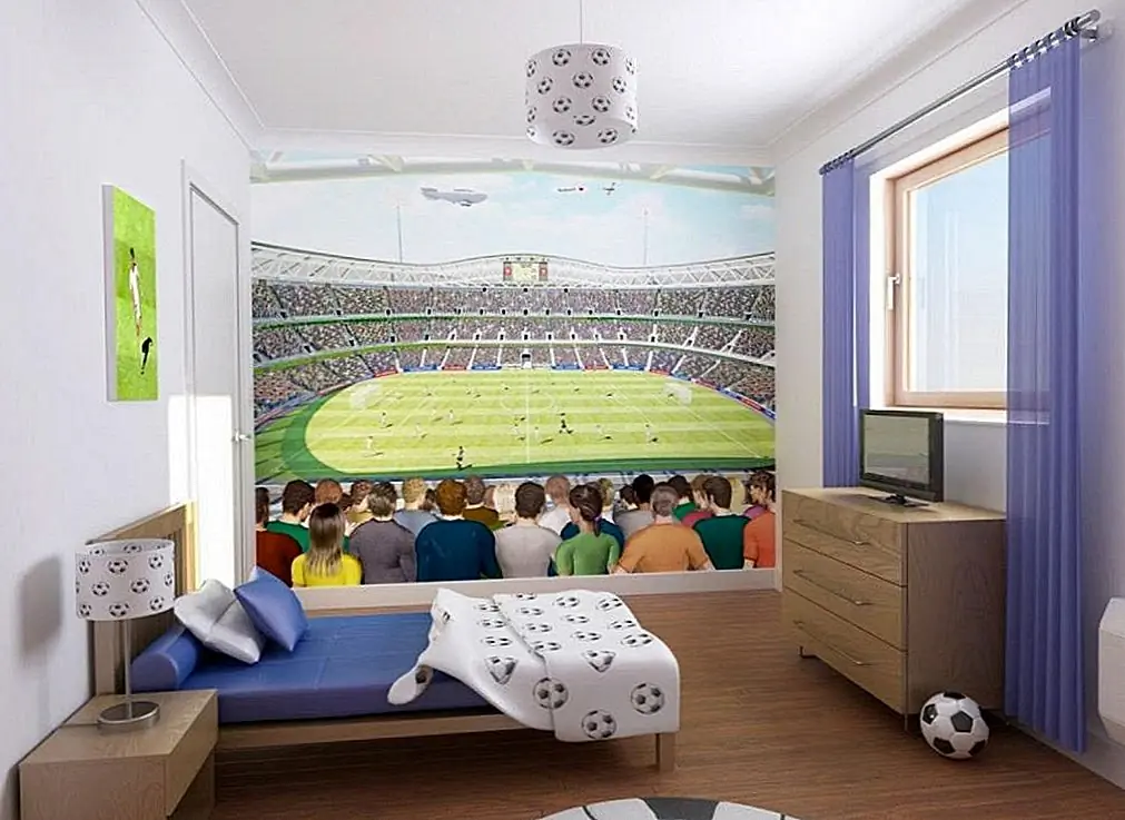 Другая идея - выбрать роспись. Одна из стен может быть огромным изображением, показывающим сцену для футбольной игры или всего, что связано с футболом. Что касается остальной части комнаты, должно быть достаточно нескольких тонких акцентов.