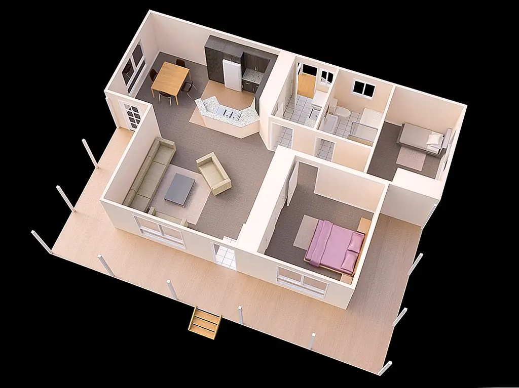 Если это дом, о котором мы говорим, то большой крыльцо может стать большим плюсом. Этот обертывается вокруг гостиной и одной из спален, оставляя ванную комнату, а небольшая спальня имеет компактную порцию. {Найден на westbuilt}.