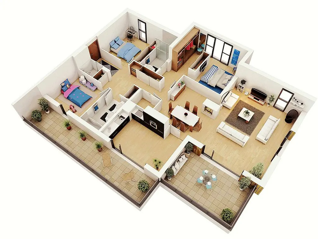 Поскольку это дом с тремя спальнями, о котором мы говорим, мы можем смело предположить, что по крайней мере одна из спален для детей. План, который позволяет и родителям, и детям наслаждаться свободой и неприкосновенностью частной жизни, разделяет спальни.