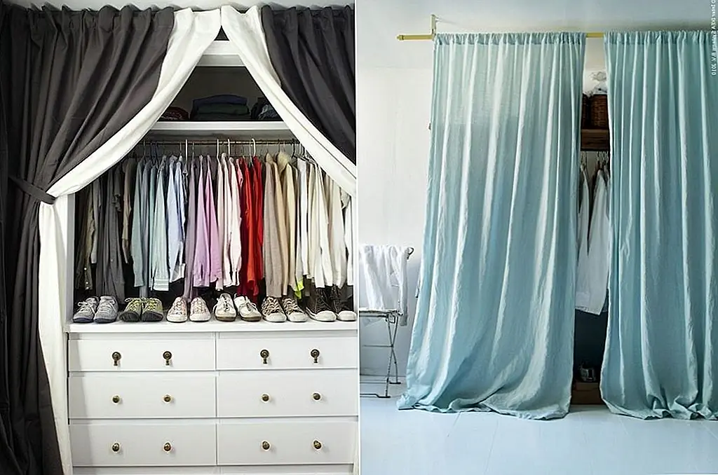 Вы можете в значительной степени установить шторы в любом месте. Допустим, у вас уже есть гардеробная в вашей спальне. Вы можете избавиться от дверей и заменить их тканевыми занавесками. Другая возможность - создать в комнате шкаф, который может состоять из комода и нескольких полки над ним, и вы можете скрыть все это за шторами, которые вы прикрепляете к потолку.