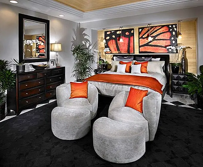 Эта темная и смелая спальня выделяется таким сложным и модным способом. Этот яркий оттенок апельсиновой попки прямо у стен и мебели этого мощного пространства. {Найден на possibfordesign}.
