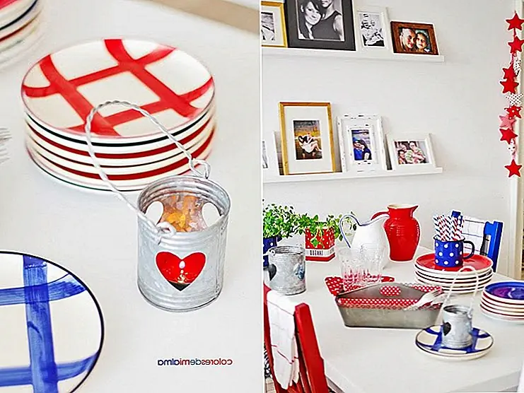 Планирование встречи с друзьями и семьей? Затем сделайте стол праздничным и используйте красные, белые и синие оттенки, чтобы придать ему тематический вид. Вы можете купить салфетки, соломы и цветы с этими цветами и сопоставить их с некоторыми другими вещами. {Найден на cloroesdemialma}.