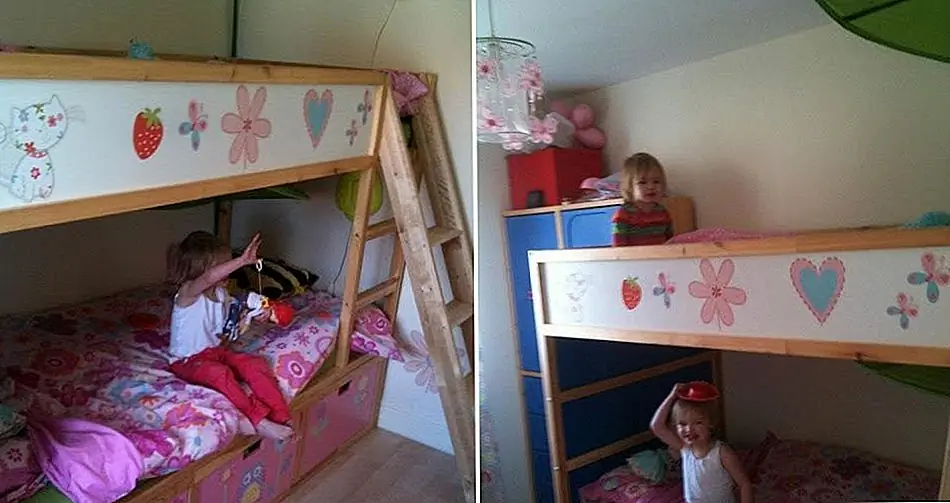 И вот еще один отличный хак: используйте две кровати Kura и три выдвижных ящика Stuva, чтобы сделать эти прекрасные двухъярусные кровати со встроенным хранилищем. Используйте одну полную кровать и основание другой. Поднимите базовую кровать, чтобы разместить ящики. {Найдено на ikeahackers}.